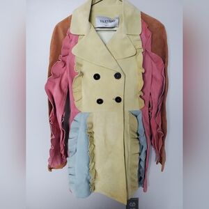 Valentino $16,000 suede ruffled trimmed suede colorock peacoat